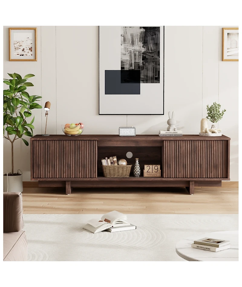 homfan 55/63 Inch Tv Stand, Farmhouse Tv Stand with Louvered Door, Mid Century Entertainment Center with Storage