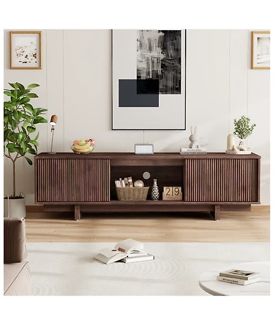 homfan 55/63 Inch Tv Stand, Farmhouse Tv Stand with Louvered Door, Mid Century Entertainment Center with Storage
