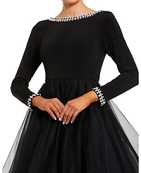 Mac Duggal Petite Embellished Jersey Long Sleeve Ballgown With Tulle Skirt