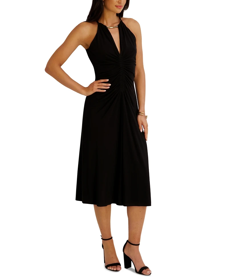 Siena Women's Ruched Halter V-Neck Midi Dress