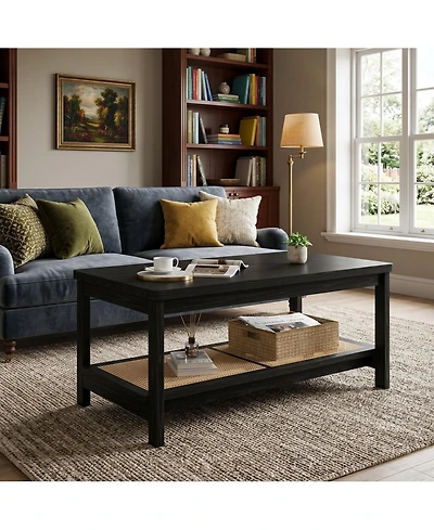 Two-Tier Rectangular Coffee Table with Perforated Lower Storage Shelf, Minimalist Frame Design Multi-Purpose Accent for Living Room