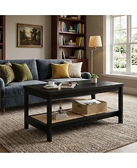 Two-Tier Rectangular Coffee Table with Perforated Lower Storage Shelf, Minimalist Frame Design Multi-Purpose Accent for Living Room