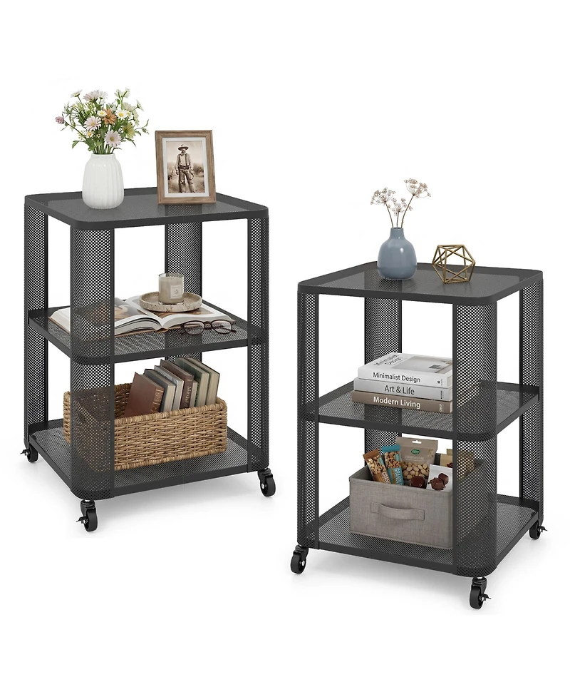Gymax 2PCS End Table w/Wheels Rolling Side Table w/Open Storage Shelves Metal Frame