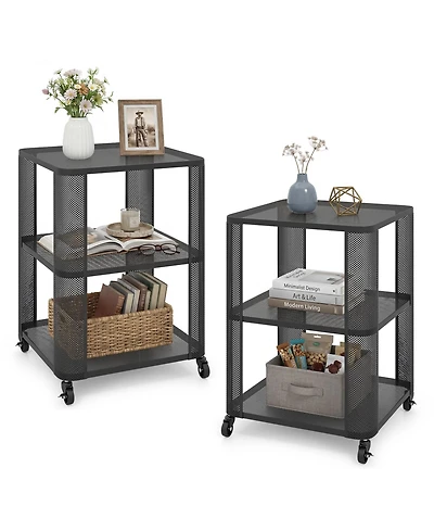 Gymax 2PCS End Table w/Wheels Rolling Side Table w/Open Storage Shelves Metal Frame