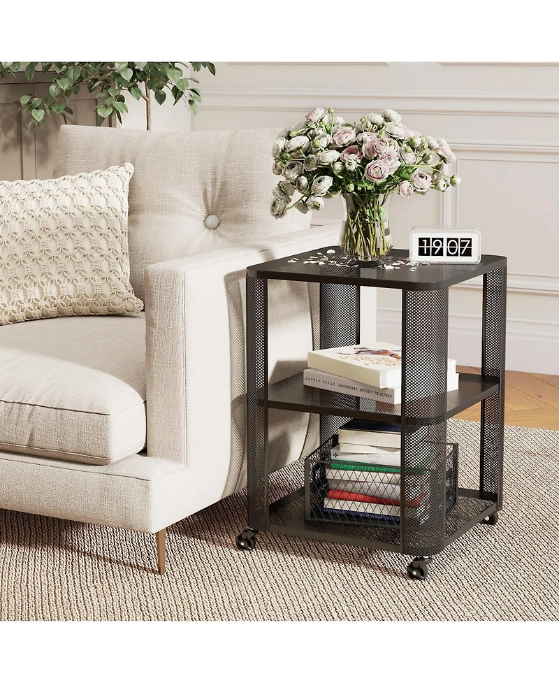 Gymax 3-Tier End Table With Wheels Rolling Side Table With Open Storage Shelves Metal Frame