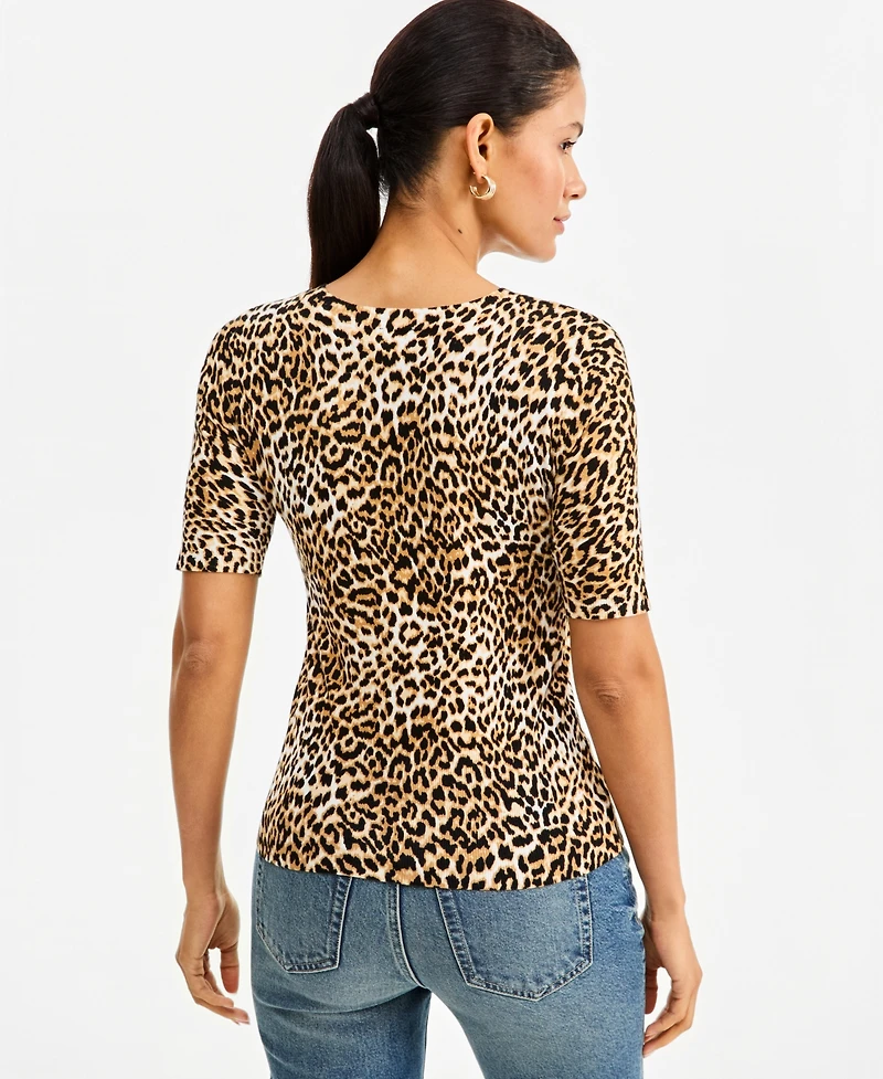 I.n.c. Women's Leopard-Print Fitted Short-Sleeve Crewneck Sweater, Macy's Exclusive