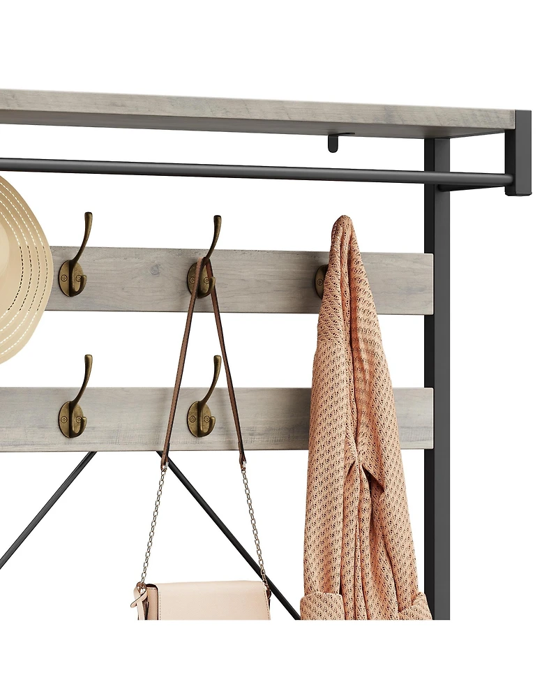 homfan Multifunctional Hall Tree Coat Rack, Heavy Duty Steel Wood Entryway Storage Bench with Hooks and Shelves