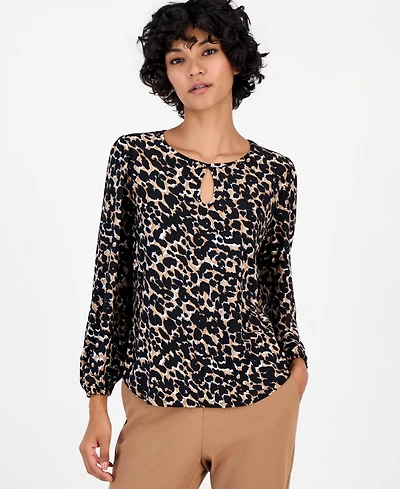 Anne Klein Essentials Petite Long-Sleeve Keyhole Blouse