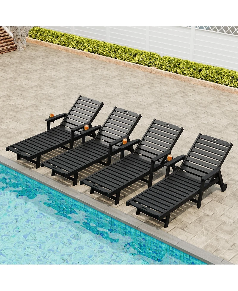 homfan Patio Chaise Lounge Set of 4, Hdpe Chair with Rolling Wheels, Cup Holder, 5-Position Backrest, All-Weather Lounger for Poolside