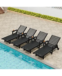 homfan Patio Chaise Lounge Set of 4, Hdpe Chair with Rolling Wheels, Cup Holder, 5-Position Backrest, All-Weather Lounger for Poolside