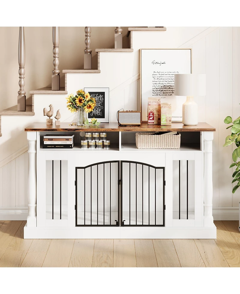 63" Large Dog Crate for 2 Dogs, Roman Column Kennel with Open Storage Small Medium Cage Table Tv Stand, Entertainment Center