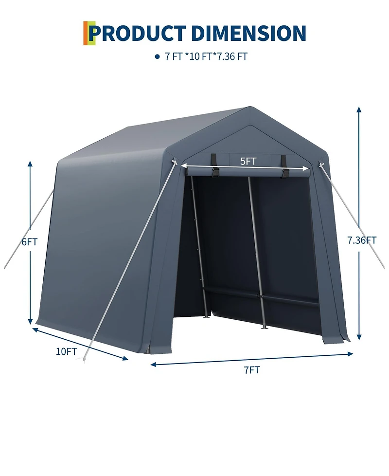 homfan 7x10 ft Portable Outdoor Storage Shed, Waterproof and Uv-Resistant Garage Tent with Roll Up Doors for Motorcycle, Bike, Equipment