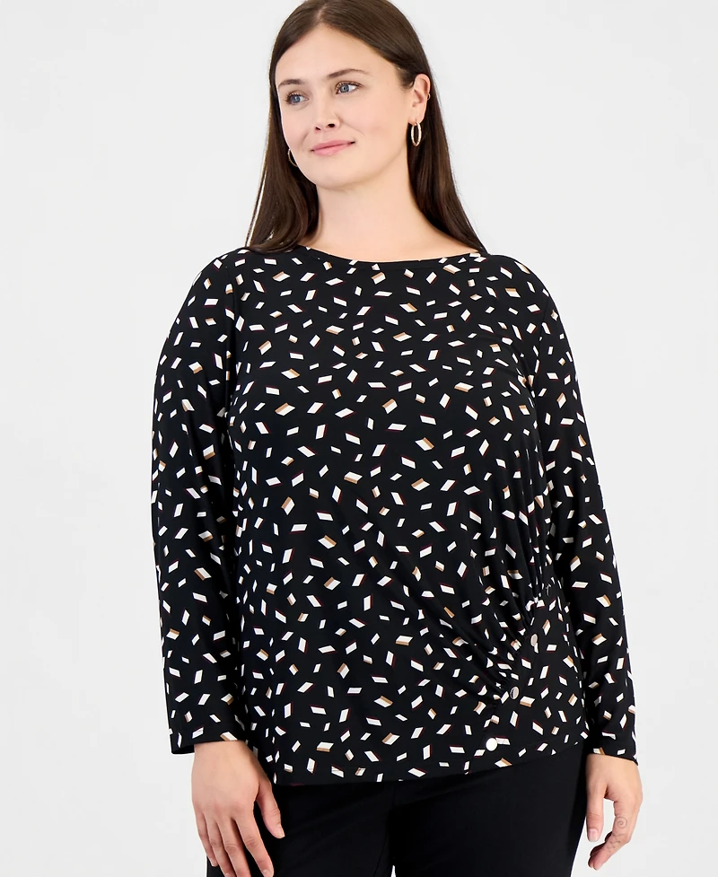 Anne Klein Essentials Plus Size Long-Sleeve Boat-Neck Ruched Blouse