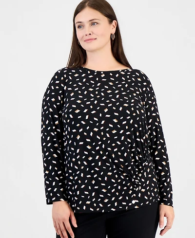 Anne Klein Essentials Plus Size Long-Sleeve Boat-Neck Ruched Blouse