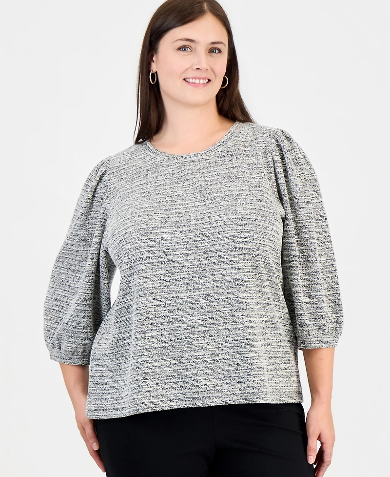 Anne Klein Essentials Plus Crew Neck Boucle 3/4-Length Balloon Sleeve Sweater