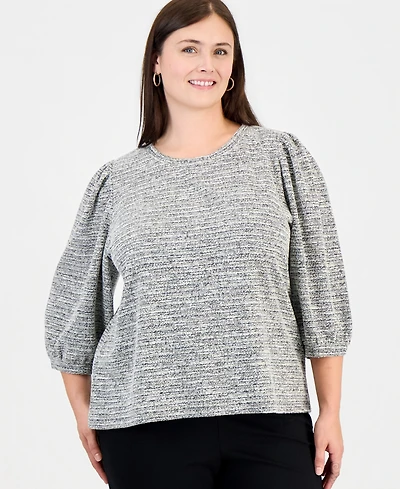 Anne Klein Essentials Plus Crew Neck Boucle 3/4-Length Balloon Sleeve Sweater