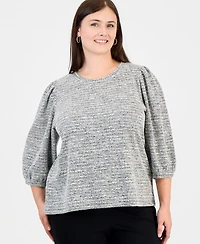 Anne Klein Essentials Plus Crew Neck Boucle 3/4-Length Balloon Sleeve Sweater