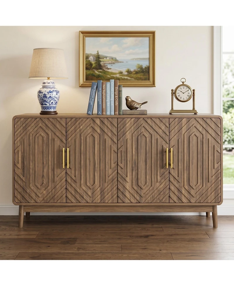 Sailvan Sideboard Buffet Cabinet, Carved 4-Door Accent Cabinet with Adjustable Shelf