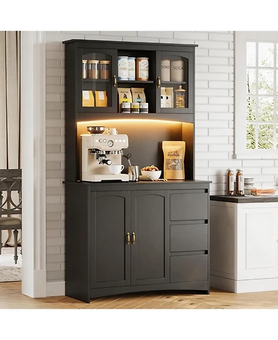 gaomon Kitchen Pantry Cabinet with Led Lights and Charging Station, 71" Tall Kitchen Hutch Storage Cabinet with Countertop, 3 Drawers, 4 Doors