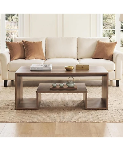 Tribesigns Rustic Coffee Table: 2-tier storage shelves, farmhouse rectangle wood with open cubbies for living room, entryway.