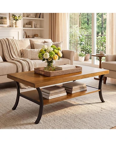 Tribesigns Farmhouse Coffee Table: 2-tier rectangular wood with storage shelf and curved metal legs. 47" center table for living room, home office