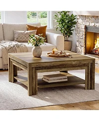 Tribesigns Square Coffee Table: 39" rustic farmhouse table with storage shelf and carved legs. For living room, apartment, small space.