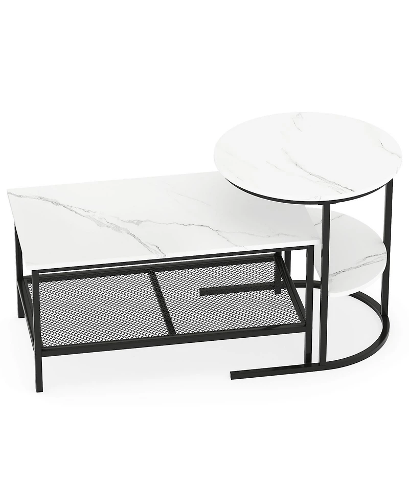 Sugift 2-Tier Coffee Table and Side End Table Set with Faux Marble Tops and Storage Shelves