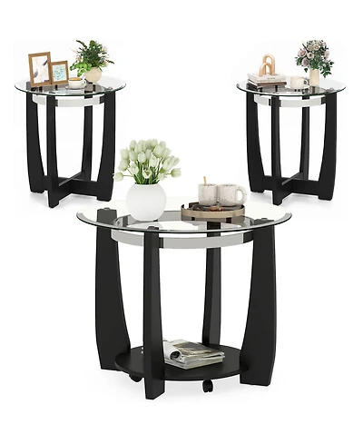 Costway Tempered Glass Coffee Table Set of 3, 2-Tier Coffee Table and 2 Round End Tables