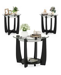 Costway Tempered Glass Coffee Table Set of 3, 2-Tier Coffee Table and 2 Round End Tables