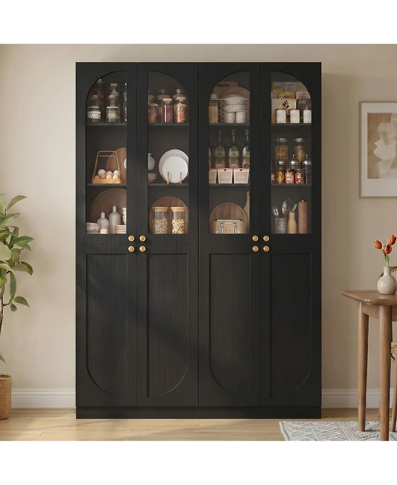 Aheaplus 80" Tall Kitchen Pantry Arch Storage Cabinet with Tempered Glass Doors