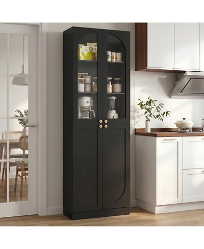 Aheaplus 80" Tall Kitchen Pantry Arch Storage Cabinet with Tempered Glass Doors