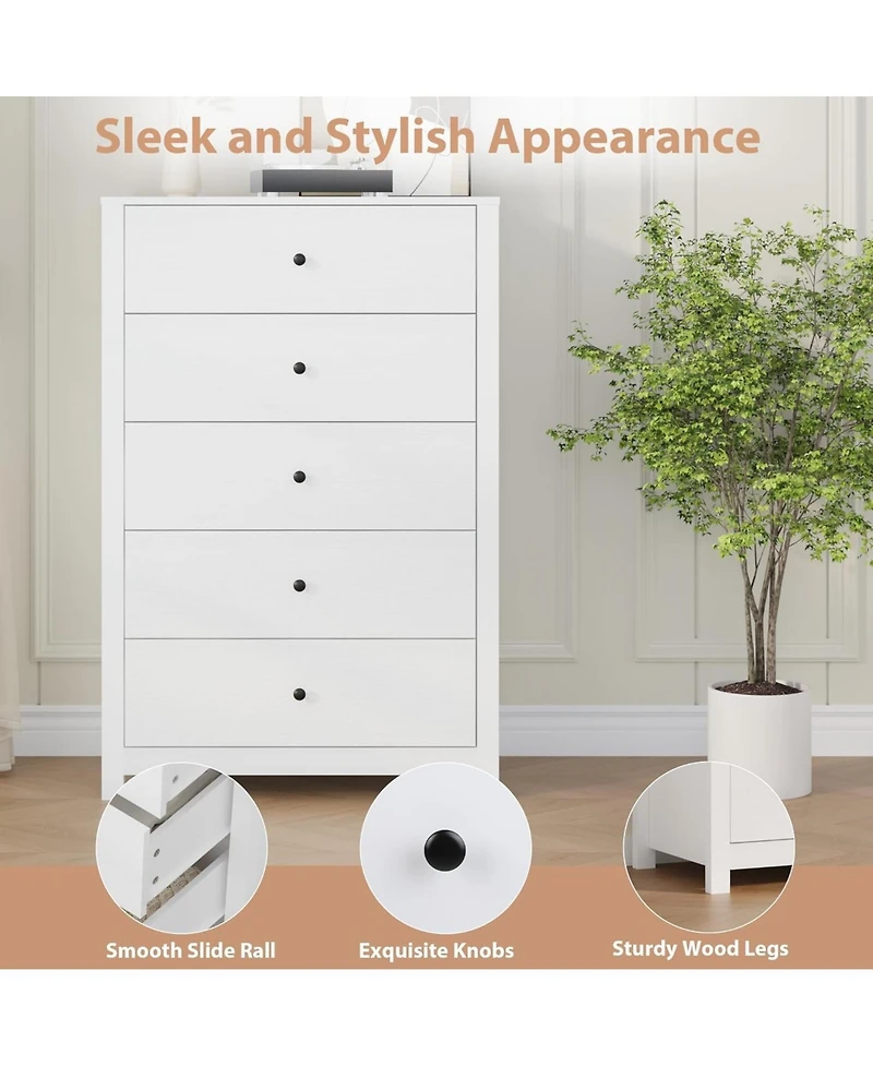 gaomon Modern 5 Drawer Wooden Dresser Chest, Tall Cabinet with Deep Storage Drawers, Metal Knobs, Versatile for Bedroom