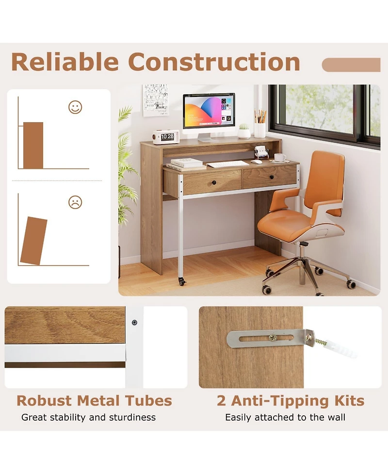Mecale Extendable Computer Desk with Pull-Out Secondary Desk, Space-Saving Workstation