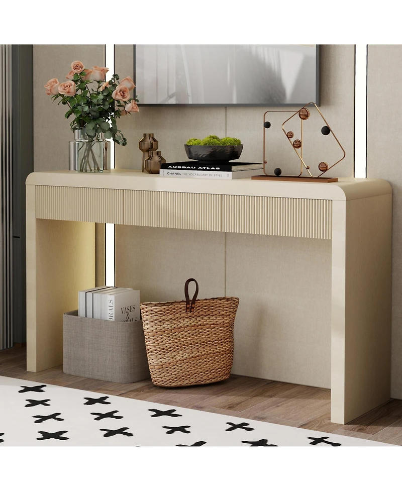 Rainsken 55 Inch Curved Rustic Entryway Table, with 3 Fluted Drawers, Featuring Natural Wood Grain, for Living Room, Hallway,