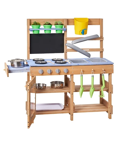 Mecale Kids Outdoor Mud Kitchen, Wooden Play Kitchen with Stove, Hooks & Sink, Shovels, Spatulas, Handle, Cookware Pots & Accessories