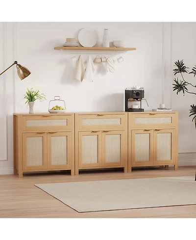 homfan 3-Piece Rattan Buffet Cabinet Farmhouse Sideboard with Adjustable Shelves and Drawers for Dining Room or Living Room