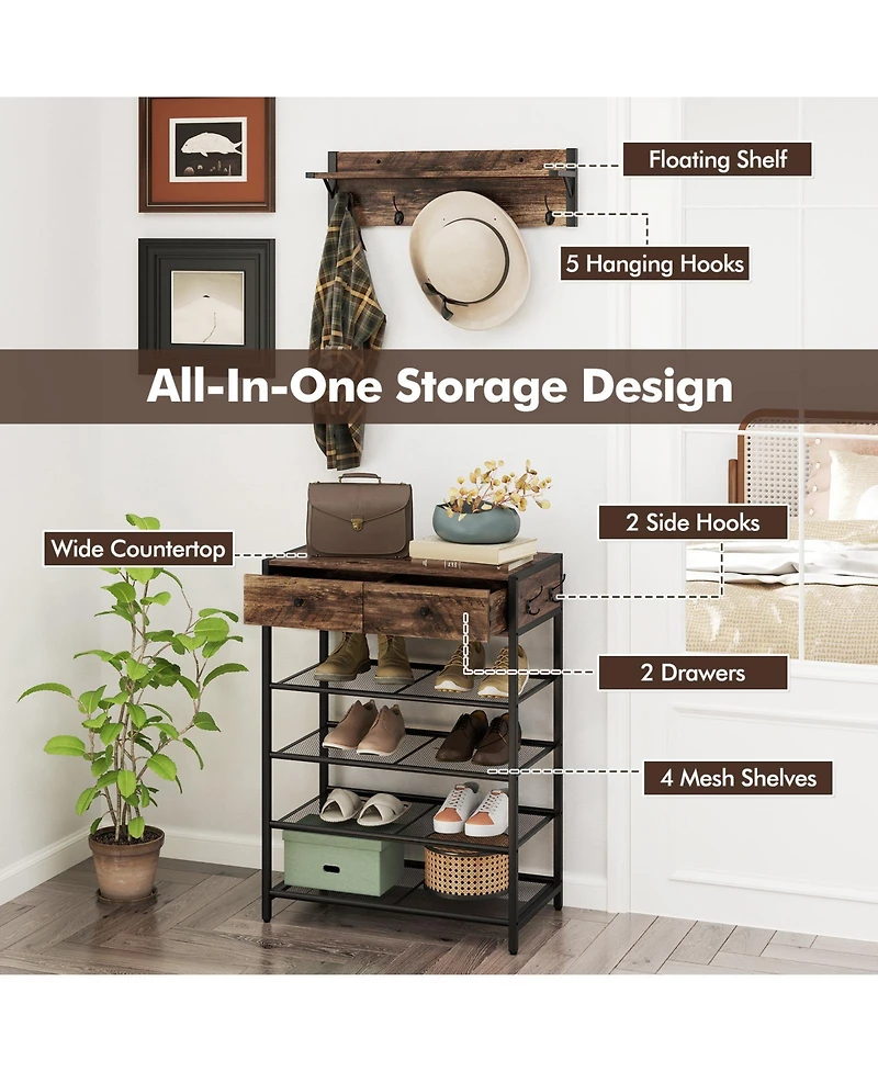 Sugift Coat Rack and 5-Tier Shoe Stand Combo with Drawers and Mesh Shelves, 25.5 in. Wide