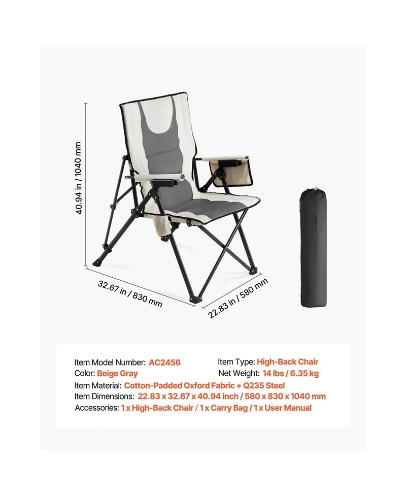 Yiortwo Folding Camping Chair with 3 Reclining Positions, High Back Outdoor Chair