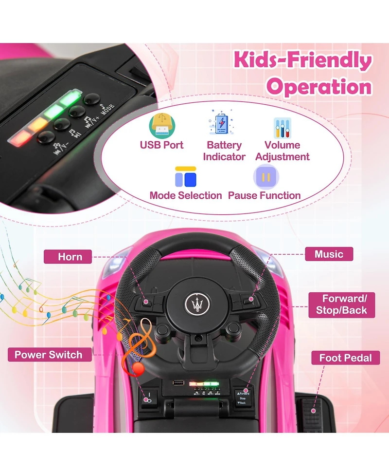 Mecale 6V Electric Maserati Licensed Push Car with Foot Pedal and Music