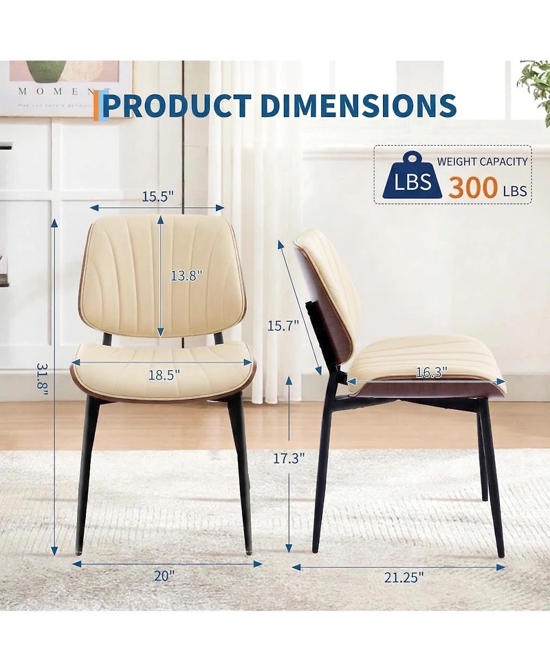 homfan Set of 6 Dining Chairs, Upholstered Pu Leather Kitchen Side Chairs with Curved Walnut Bentwood Back, Metal Legs and Adjustable Feet