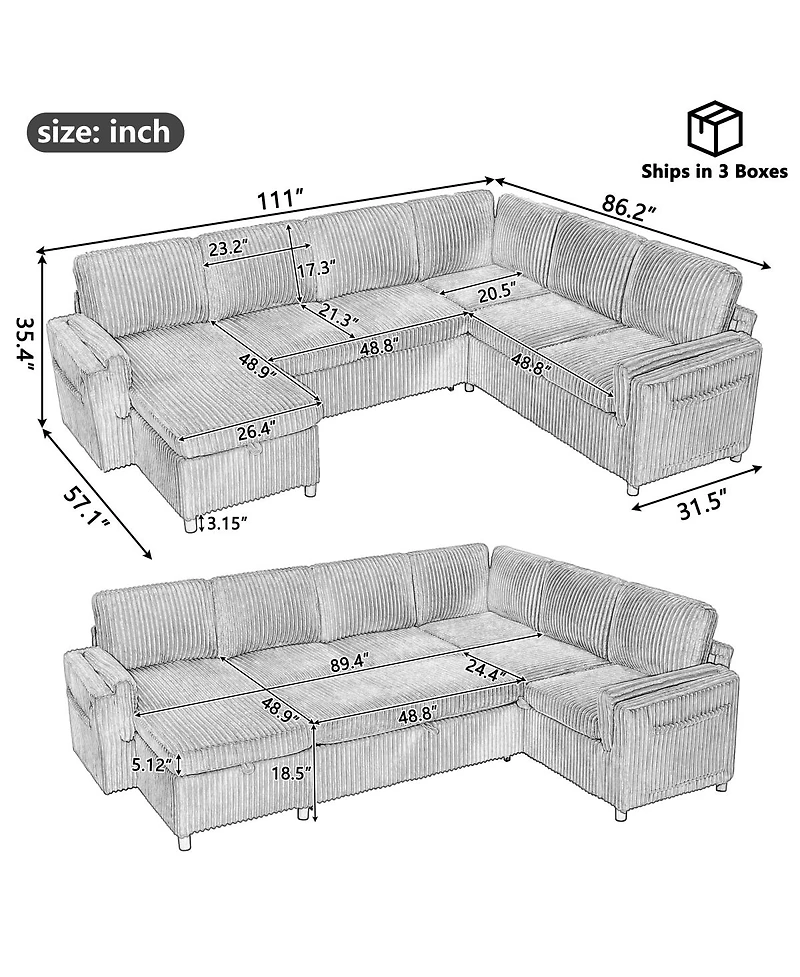 Streamdale Furniture 111'' U-Shaped Convertible Sectional Sofa Bed with Storage and Usb