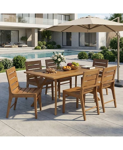 Asagikoiai 7-Piece Acacia Wood Outdoor Dining Set with Curved Legs Table and Slatted Chairs