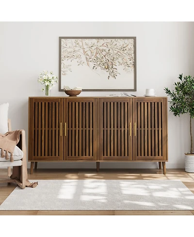 Boyel Living 63-Inch Sideboard Buffet Cabinet with Storage, Grille-Striped 4 Doors Accent Cabinet for Dining Room, Living Room, Kitchen and Entryway