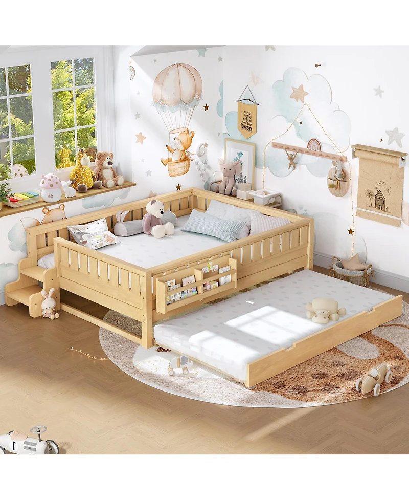 Streamdale Furniture Queen Bed with Bookshelves Staircase Safety Rails and Trundle Light