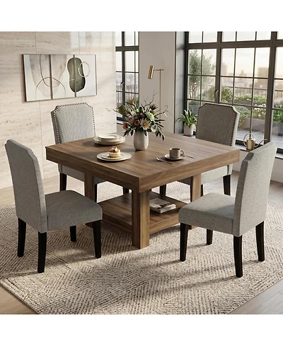 homfan 47.2" Wood Color Square Dining Table - 2-Tier Storage Shelf, Waterproof, 350 Lbs, Anti-Wobble Triangle Legs for 4-6 People