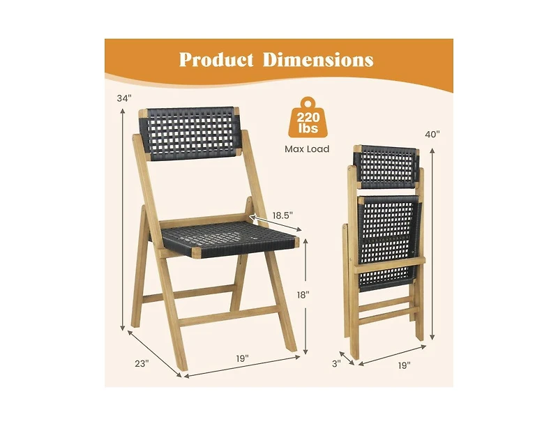 Lucky One Set of 2 Folding Teak Wood Dining Chairs with Woven Rope Seat and Back