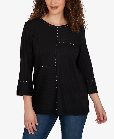 Alfred Dunner Petite Spliced Texture Metallic Studded Top