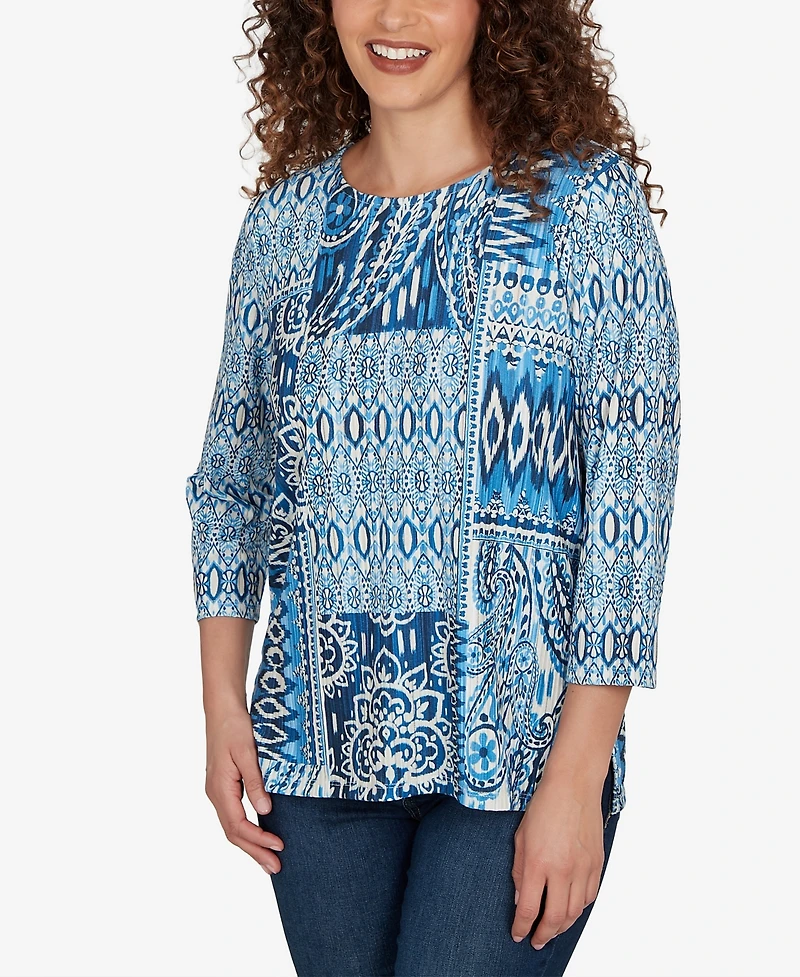 Alfred Dunner Petite Medallion Navy Patchwork Knit Top