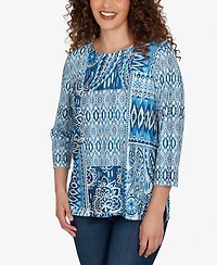 Alfred Dunner Petite Medallion Navy Patchwork Knit Top