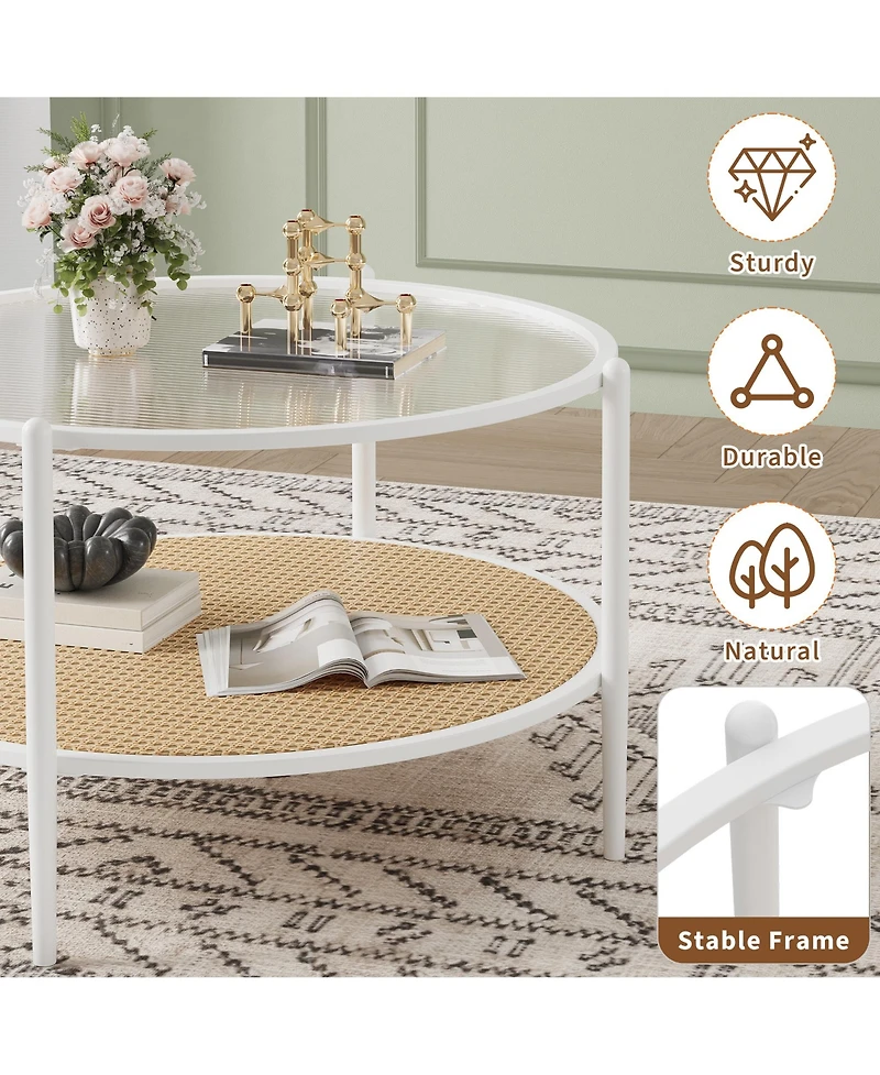 homfan Round 2-Tier Coffee Table with Tempered Glass Top and Rattan Shelf, Metal Frame Center Table for Living Room, Apartment, Small Space